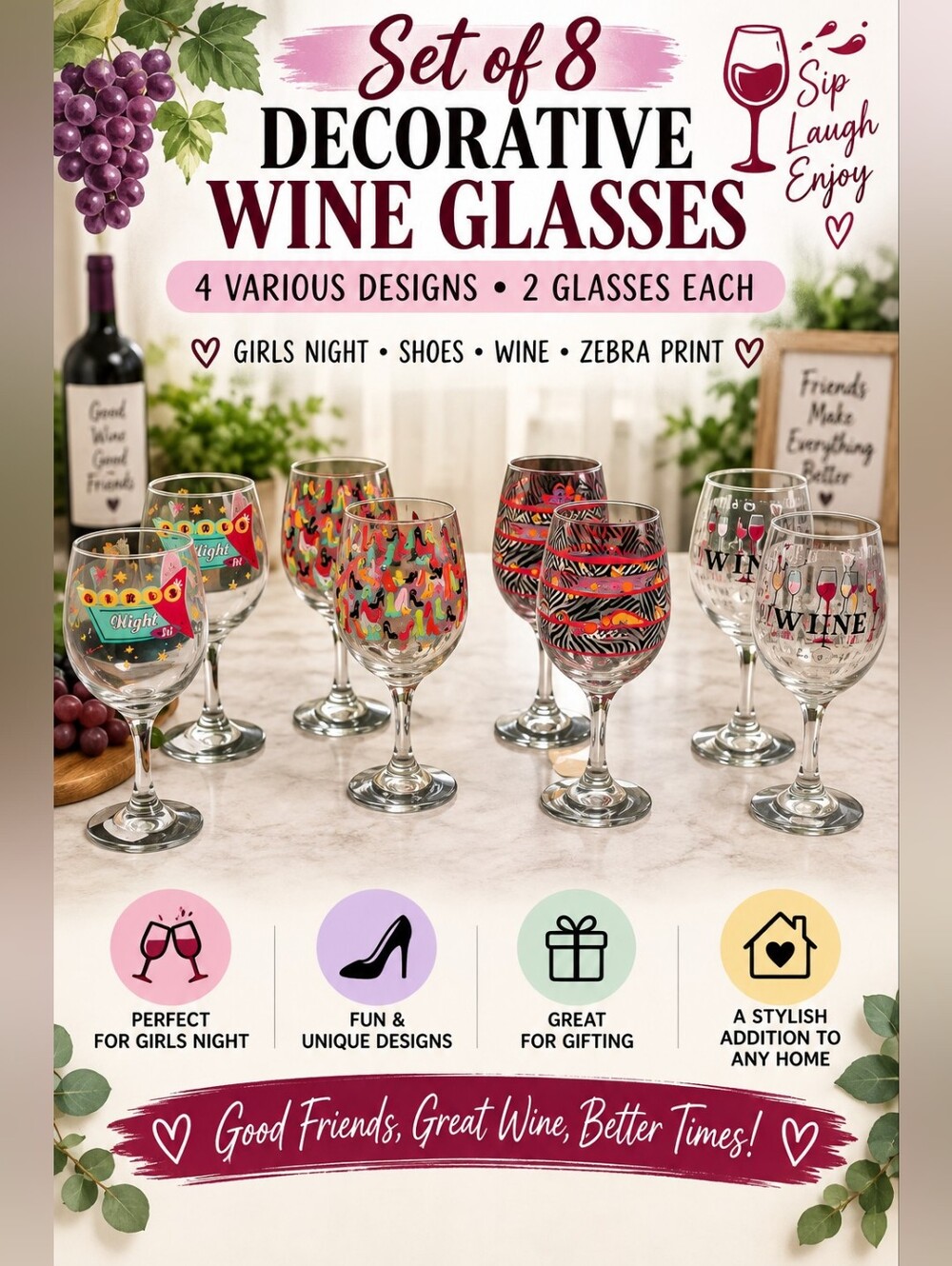 8 DECORATIVE WINE GLASSES - 2 GLASSES EACH IN 4 VARIOUS DECORATIVE PATTERNS